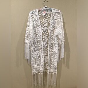 White Lace Fringe Kimono Jacket Coverup